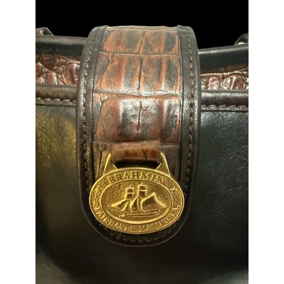 VTG Brahmin Purse Black Leather Pecan Croc Tuscan Too Satchel Convert Crossbody - Picture 5 of 11